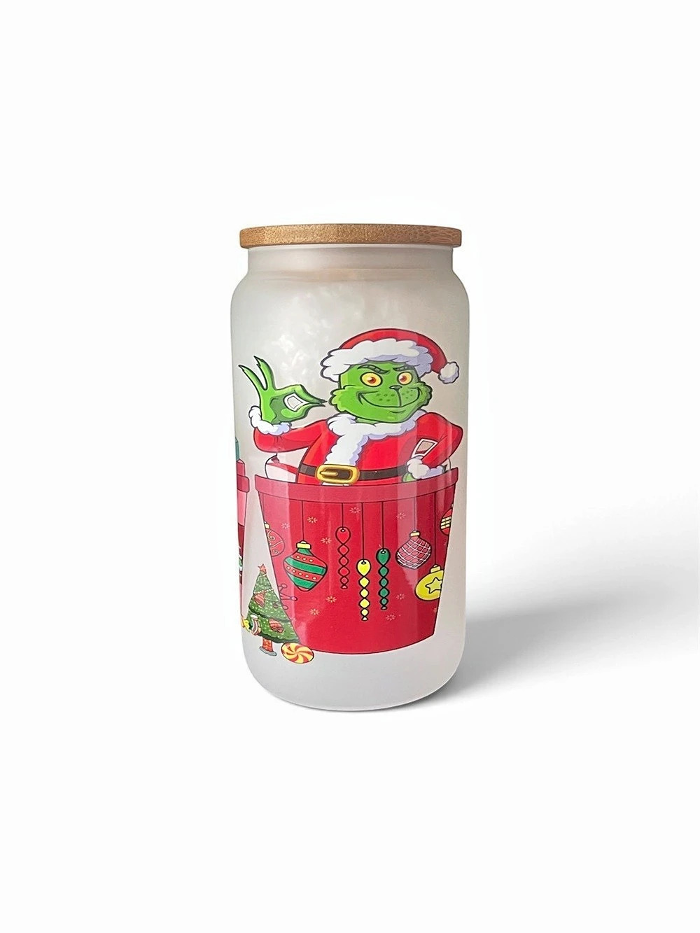 Grinch Holiday glass with bamboo lid and straw handmade brand new inbox box